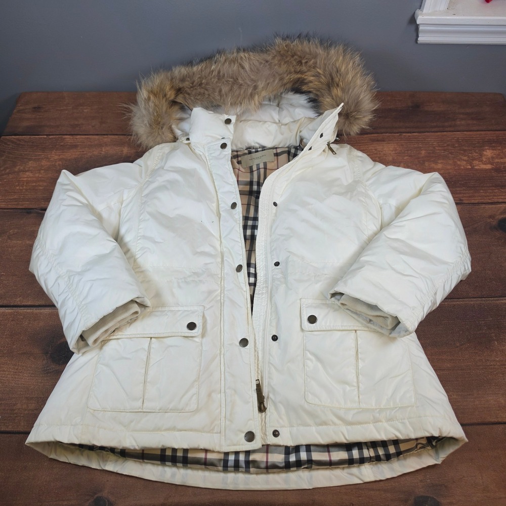 Burberry Puffer Jacket Women Medium White Fair Broken Zipper Fur Hood